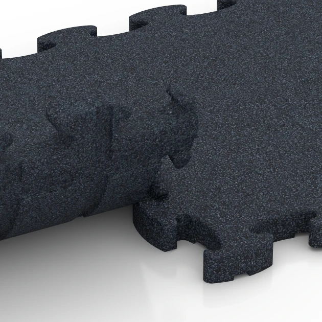 Großaufnahme vom Verbindungssystem von WARCO-Boden 6964 - Fitness Premium pavimento tecnico im Farbdesign Antracite. Abmessungen 28,9 x 28,9 x 1,8 cm.
