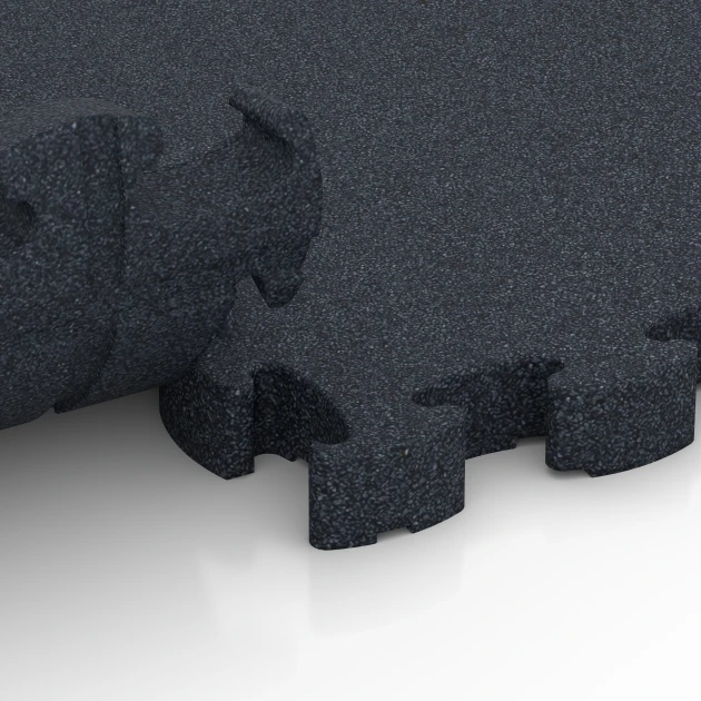 Großaufnahme vom Verbindungssystem von WARCO-Boden 6965 - Fitness Premium pavimento tecnico im Farbdesign Antracite. Abmessungen 28,9 x 28,9 x 2,8 cm.