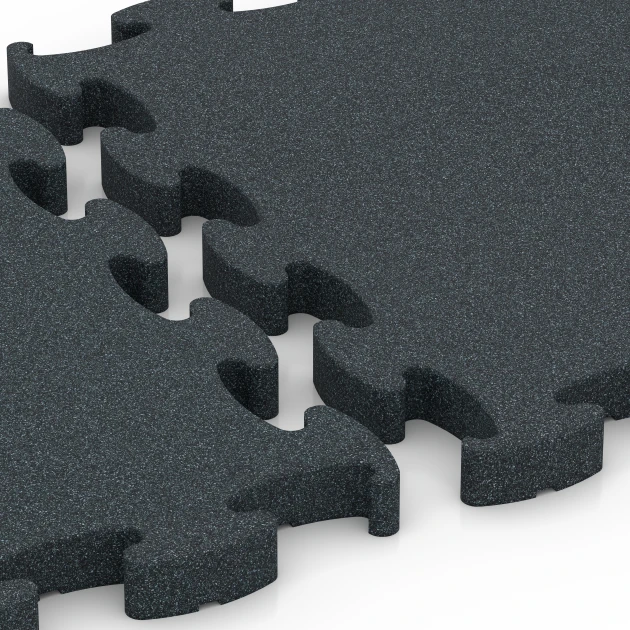 Großaufnahme vom Verbindungssystem von WARCO-Boden 6967 - Fitness Premium pavimento tecnico im Farbdesign Antracite. Abmessungen 45,9 x 45,9 x 2,8 cm.