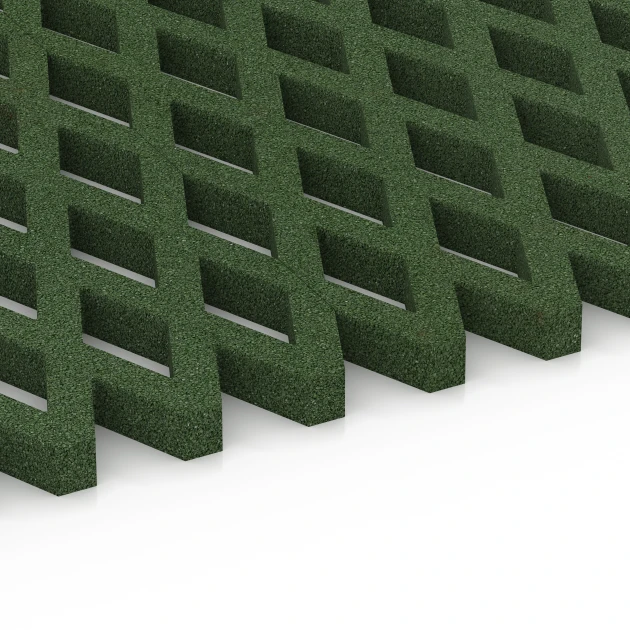 Großaufnahme vom Verbindungssystem von WARCO-Boden 7011 - Griglia antitrauma prato im Farbdesign Verde erba. Abmessungen 100 x 100 x 4 cm.