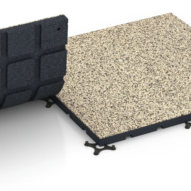 Großaufnahme vom Verbindungssystem von WARCO-Boden 7138 - Pavimento per palestra da esterno im Farbdesign Travertino. Abmessungen 60 x 60 x 3 cm | 0,36 m².
