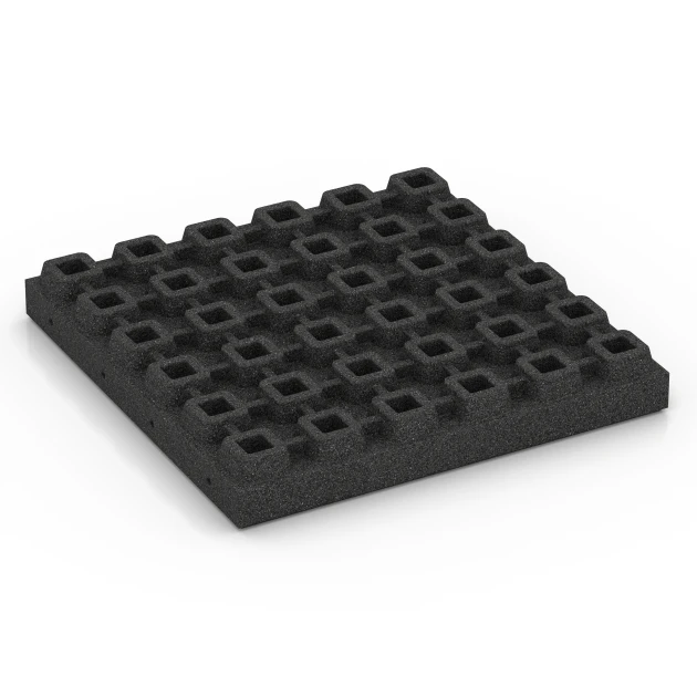 Aufsicht auf die Unterseite, also die Bodenseite von WARCO-Formteil 6295 - Fallschutzplatten im Format 50 x 50 x 7 cm.