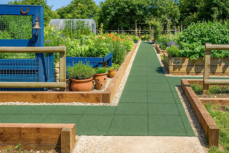 Ein gerader Gartenweg mit grünen Gummiplatten führt durch einen Nutz- und Ziergarten mit Hochbeeten aus Holz. Die elastischen Platten aus Gummigranulat bieten eine rutschhemmende, witterungsbeständige und pflegeleichte Oberfläche. Die seitliche Kiesumrandung sorgt für klare Abgrenzungen und ein gepflegtes Gesamtbild. Ideal für Kleingärten, Gemüsebeete und Gartenwege mit sicherem Tritt.